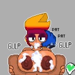 amber_(brawl_stars) big_breasts big_penis brawl_stars cum cum_in_mouth cumshot female heart_symbol leon_(brawl_stars) male nipples pixel_art pumpkinz6 simple_background titjob yellow_hair