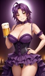 1girls ahoge ai_generated ass azuma_marina bare_shoulders big_ass big_breasts breasts burlesque cleavage corset earrings female hair_ornament holding_beer hoop_earrings huge_ass huge_breasts isogil kashidashi_tsuma_marina_no_"netorase"_houkoku_binkan_tsuma_to_zetsurin_daigakusei looking_at_viewer looking_back_at_viewer nipples panties purple_dress purple_hair sexy_pose shiny_skin short_hair thick_thighs thighs