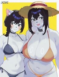 2024 2girls anthro bean_eyebrows big_breasts bikini black_bikini black_bikini_bottom black_bikini_top black_clothing black_hair black_swimwear blush breast_size_difference breasts bulging_breasts canid canine canis cleavage cleavage_overflow clothed clothing collarbone digital_media_(artwork) domestic_cat domestic_dog duo eyebrows felid feline felis female fur glistening glistening_hair hair half-length_portrait halftone hat headgear headwear hi_res huge_breasts hunting_dog inner_ear_fluff jxzuke kemono long_ears mammal mixed_breed mochi_(jxzuke) mother_daughter_boob_envy_(meme) mouth_closed narrowed_eyes navel open_mouth open_smile orange_bikini orange_bikini_bottom orange_bikini_top orange_clothing orange_swimwear pink_inner_ear portrait rebecca_(jxzuke) scent_hound shiba_inu sibling_(lore) simple_background sister_(lore) sisters_(lore) smile spitz straw_hat sun_hat swimwear teeth tuft two-piece_swimsuit white_body white_ears white_face white_fur white_inner_ear_fluff yellow_background