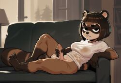 ai_generated anthro balls couch feet furry futanari looking_at_viewer masturbation penis small_penis t-shirt tail tanuki