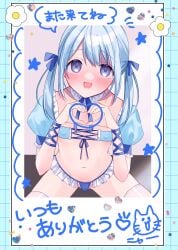 blue_eyes blue_hair femboy flower gray_eyes heart japanese_text kira_kira_right navel oc original_character ribbon small_breasts smile star twintails white_hair