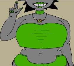 alternate_version_at_source bimbo booty_shorts bulge_through_clothing choker crop_top female green_clothing green_lipstick grey_body marcii-b(artist) pseudo_hair