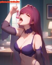 1girls ai_generated artifical_art blush condom cum cum_in_condom cum_on_face cum_on_tongue fate/grand_order fate/stay_night fate_(series) long_hair open_mouth perfect_body purple_hair red_eyes scathach_(fate) semen semen_in_condom semen_on_tongue solo tongue_out