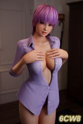 1girls 3d 6cw8 ayane_(doa) breasts clothed dead_or_alive hands_on_breasts indoors purple_hair red_eyes shirt solo solo_female solo_focus