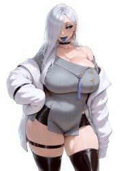 ai_generated drunknnasty earrings fate/grand_order fate_(series) female hair_over_one_eye huge_breasts jewelry long_hair looking_at_viewer mature_female omi-san_(fate) solo thick_thighs tongue_out white_background white_hair yellow_eyes