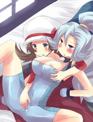 2girls areolae blue_eyes blue_hair blush breast_grab breast_hold brown_hair clair_(pokemon) clair_(pokemon_hgss) erect_nipples female female_only gym_leader hirune_(konekonelkk) human human_only latex lyra_(pokemon) masturbating_other masturbation_through_clothing multiple_females multiple_girls nintendo nipples on_bed open_mouth pokemon pokemon_hgss through_clothes yuri