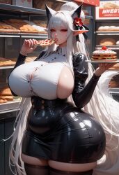 ai_generated bakery big_breasts catgirl female latex_dress pizza white_hair