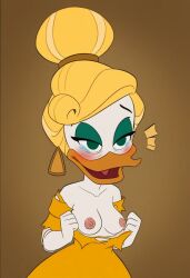 ai_generated blush ducktales_(2017) female female_only goldie_o'gilt malfunction open_mouth suprised tearing_clothes tears torn_clothes wardrobe