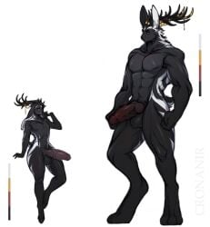 2024 animal_genitalia animal_penis anthro antlers black_body black_fur cronanir demon digital_media_(artwork) duo equine_genitalia equine_penis fangs feet femboy freckles fur genitals hi_res hindpaw hooves horn jackalope knot knotted_penis lagomorph male mammal model_sheet muscular mythological_creature mythology nude paws penile_spines penis sibling_(lore) teeth tonto_the_fool_(geowasx) torres_the_tower_(geowasx)