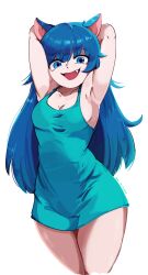 1girls armpits arms_behind_head arms_up blue_eyes blue_hair blue_shirt cat_ears cat_girl cropped_legs disillusion_st fang loose_clothes nyanko_(disillusion_st) open_mouth shavin65 signature spaghetti_strap thighs