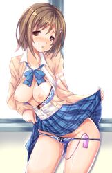 blue_bra blue_panties blush bra breasts brown_eyes brown_hair cardigan clothed_masturbation clothing dress_shirt female flower hair_flower hair_ornament idolmaster idolmaster_cinderella_girls large_breasts looking_at_viewer lowleg lowleg_panties masturbation mimura_kanako nipples open_clothes open_shirt panties plaid plaid_skirt pussy_juice pussy_juice_drip pussy_juice_stain school_uniform shirt short_hair skirt skirt_lift solo tear underwear v_vob vibrator vibrator_in_panties wet_panties