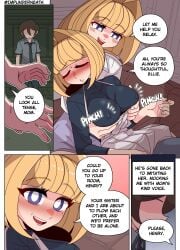 2girls blonde_hair color comic ellie_(impunderneath) english_text female impunderneath maria_(impunderneath) milf mother nipples_visible_through_clothing original original_character possessed possession purple_eyes yuri