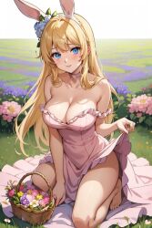 ai_generated blonde_female blonde_hair bunny_ears bunny_girl bunny_hybrid bunny_tail flower_field large_breasts princess