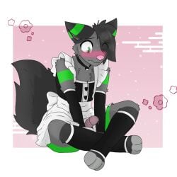 1:1 anthro blush canid canine canis clothing erection femboy hi_res kari(pm) kariwolf197 maid_uniform male mammal solo uniform wolf