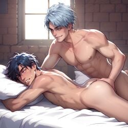 2boys ai_generated ass bed blue_eyes blue_hair blush byleth_(fire_emblem) byleth_(fire_emblem)_(male) caspar_von_bergliez clenched_teeth fingering fingering_ass fire_emblem fire_emblem:_three_houses gay hand_on_butt indoors lying nipples nude on_bed short_hair smile window