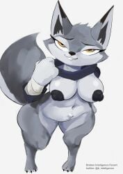 anthro areola b_inteligence big_breasts black_areola black_nipples breasts canid canine corsac_fox dreamworks female fox grey_body half-closed_eyes hi_res kung_fu_panda looking_at_viewer mammal narrowed_eyes nipples nude smile solo thick_thighs true_fox yellow_eyes zhen_(kung_fu_panda)