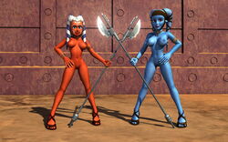 2012 2girls 3d aayla_secura ahsoka_tano armlet bracelet clone_wars female female_only high_heels jabba's_palace jedi kondaspeter multiple_girls star_wars tagme tatooine the_clone_wars:_season_four togruta twi'lek vibro_axe weapon yuri