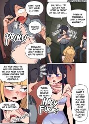 blonde_hair color comic dawn_(impunderneath) ellie_(impunderneath) english_text female impunderneath original original_character possessed possession purple_eyes skinsuit