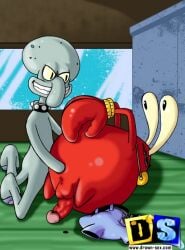 2boys anal anthro arms_tied_behind_back ball_gag balls belt black_hole_sun blue_body blue_pants cephalopod clothing clothing_on_floor collar crab crustacean duo evil_smile fisting fisting_anus gay genitals grin indoors interspecies krusty_krab looking_at_another looking_back male male/male marine mr_krabs nickelodeon nude nude_anthro nude_male octopodiform octopus penis red_body rope rope_bondage smiling spiked_collar spongebob_squarepants squidward_tentacles tentacle testicles