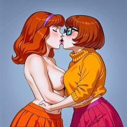 ai_generated breasts daphne_blake erect_nipples glasses lesbian_couple lesbian_kiss no_bra scooby-doo topless velma_dinkley