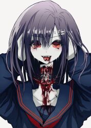 =_hair_ornament black_neckerchief black_sailor_collar black_serafuku black_shirt blood blood_from_mouth blood_on_neck blouse collarbone colored_skin fangs female forked_tongue french_kiss gorezono_neo_(yu-ki_iwata) guro hair_between_eyes holding_detached_head kissing long_sleeves looking_at_viewer medium_hair neckerchief original piercing purple_hair red_eyes sailor_collar school_uniform serafuku severed_head shirt simple_background skeleton smile solo spine teeth tongue tongue_piercing upper_body upper_teeth_only white_shirt white_skin yu-ki_iwata