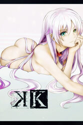 :3 ass atoz female heterochromia k_(anime) long_hair neko_(k) nude on_stomach pink_hair simple_background solo