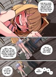 blonde_hair color comic disguise ellie_(impunderneath) english_text female imposter impunderneath original original_character possessed possession purple_eyes skinsuit