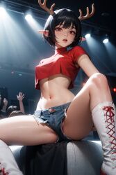 ai_generated antlers beach black_hair elf_ears eye_contact female gloves pixie_cut red red_eyes red_gloves seductive_expression short_hair smirk smug_expression stripper teasing usebackdooronly
