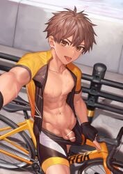 1boy abs balls bicycle big_areola bike biker biker_clothes blush brown_hair censor_bar censored censored_penis collarbone depth_of_field erect_nipples eyelashes fence fingerless_gloves fingernails flaccid foreskin gay gloves hi_res looking_at_viewer male male_only mature_male muscles muscular muscular_male navel nayoshi_(r-744) no_body_hair open_clothes open_mouth original original_character outdoor_nudity outdoors pants_down pecs penis pointless_censoring public public_nudity road selfie selfie_pose shadow short_hair sitting six_pack solo sweat sweatdrop sweating sweaty tongue_out uncut veiny_penis yaoi yellow_eyes young