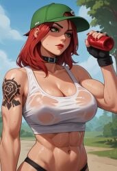 1girls 2d abs ai_generated athletic baseball_cap big_breasts bottle breasts choker civitai cleavage collar female female green_eyes hat holding_object mature mature_female medium_hair midriff muscle muscular navel panties punk red_hair red_hair red_lipstick rose see-through skater solo sweat tank_top tattoos wet white_tank_top