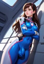 1futa ai_generated balls brown_hair crossed_arms d.va dutch_angle futa_only futanari jamesbron long_hair looking_away overwatch penis penis_bulge small_breasts solo solo_futa standing