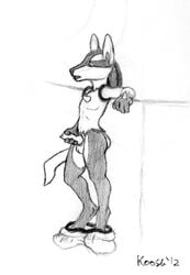 1boy canine fur knot koosh-ball lucario male male_only masturbation monochrome penis pokemon pokemon_(species) sketch solo standing steggy testicles traditional wall