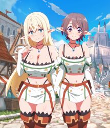 2girls blonde_hair brown_hair cleavage elf_ears elf_female large_breasts long_hair medium_breasts short_hair standing