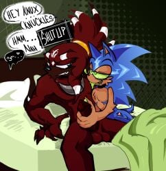 anthro balls bed blue blush claws dialogue digital_media_(artwork) dirty_talk duo echidna erection eulipotyphlan foreplay fur furniture genitals gold_ring hair handjob hedgehog hi_res jewelry katamarizibby knot knuckles_the_echidna male male/male mammal markings monotreme necklace nude penile penis ponytail red sega sex sharp_teeth simple_background size_difference smile sonic_(series) sonic_the_hedgehog sonic_the_hedgehog_(comics) sonic_the_hedgehog_(series) spikes spikes_(anatomy) teeth tongue