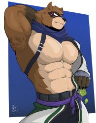 anthro black_nose blind brown_body brown_fur canid canine claws clothed clothing colored disability endokhayam epic_games eye_scar facial_scar fingers fortnite fur hajime_(fortnite) hand_behind_head hi_res humanoid_hands male mammal multicolored_body multicolored_fur muscular muscular_anthro muscular_male raccoon_dog scar signature solo tan_body tan_fur tanuki two_tone_body two_tone_fur x_scar