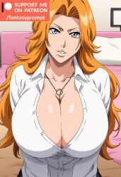 ai_generated bleach breasts_bigger_than_head breasts_squeezed_together cleavage fantasyprompt female female female_only huge_breasts long_hair matsumoto_rangiku mole orange_hair revealing_clothes school_uniform schoolgirl smile white_eyes