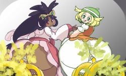 ass beret bianca_(pokemon) black_hair blonde_hair blush dark_skin dress fart farting farting_at_viewer farting_contest farts green_eyes iris_(pokemon) kirbyoblue1 light_skin tongue tongue_out tuba yoshizilla