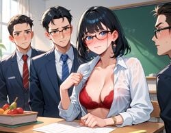 ai_generated classroom embarrassed embarrassed_female exhibitionism exhibitionist exposed_bra exposed_breasts lingerie_bra multiple_boys public_exposure public_humiliation public_indecency school_uniform schoolboy schoolgirl