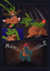 absurd_res anthro anus balls bodily_fluids chespin croconaw duo erection flaccid generation_2_pokemon generation_6_pokemon genital_fluids genitals gralicbutter hi_res male male/male midair nintendo penis plant pokemon pokemon_(species) precum slightly_chubby slightly_chubby_male sweat vines