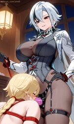 aether_(genshin_impact) ai_generated arlecchino_(genshin_impact) balls bdsm_gear bdsm_harness bdsm_outfit black_hair blonde_hair bondage breasts dildo dildo_fellatio femdom genshin_impact pegging