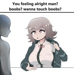 1girls :o black_jacket blunt_bangs boobs?_wanna_touch_boobs? breasts danganronpa danganronpa_2:_goodbye_despair english_text hair_ornament highres jacket large_breasts long_sleeves matraart meme nanami_chiaki neck_ribbon open_clothes open_jacket pink_eyes pink_ribbon ribbon shirt simple_background upper_body white_background white_shirt