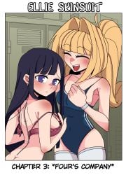 2girls blonde_hair bra color comic disguise ellie_(impunderneath) english_text female imposter impunderneath original original_character possessed possession purple_eyes skinsuit smile swimsuit thigh_highs thighhighs zipper