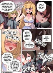 1girls blonde_hair blush color comic disguise ellie_(impunderneath) english_text female imposter impunderneath original original_character possessed possession purple_eyes skinsuit