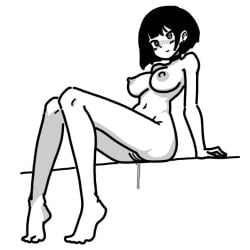 1girls anime arm_support artist_request bangs barefoot blush bob_cut breasts choker choker_only cleft_of_venus cute facing_viewer feet female_only full_body girly greyscale knees_together_feet_apart leaking leaking_pussy looking_at_viewer medium_breasts monochrome naked naked_choker naked_female nude nude_female pirunae pussy pussy_juice pussy_juice_trail short_hair simple_background solo three-quarter_view uncensored white_background