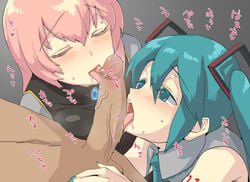 2girls aqua_eyes aqua_hair blush closed_eyes collaborative_fellatio color fellatio female hatsune_miku man_(man-room) megurine_luka multiple_fellatio multiple_girls nipples open_mouth oral penis pink_hair saliva teamwork tongue uncensored vocaloid