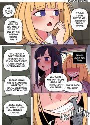 blonde_hair color comic ellie_(impunderneath) english_text female impunderneath laser_gun original original_character possessed possession purple_eyes skinsuit_gun