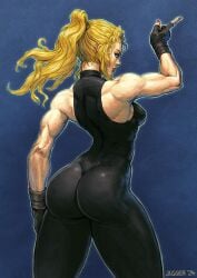 1girls 2d ass assertive_female black_bodysuit blonde_hair blue_eyes bodysuit clothed covered_nipples female from_behind gloves jiggeh long_hair medium_breasts muscular muscular_female ponytail red_nails sarah_bryant skin_tight sleeveless sleeveless_bodysuit solo standing turtleneck_bodysuit variant_set virtua_fighter