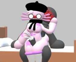 1boy1girl 3d 3d_model 3d_render anon axolotl background bed beret big_breasts big_penis blush breasts clipping cum cumshot excessive_cum fingerless hat naked_female oc original_character owo paint paint_on_body paint_on_breasts paint_on_self pillow pink_skin roblox roblox_game scarf stella_(tower_heroes) tail thigh_job thighhighs tower_heroes zeroniko