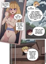 blonde_hair color comic disguise ellie_(impunderneath) english_text female imposter impunderneath original original_character possessed possession purple_eyes pussy skinsuit vagina