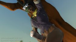 between_thighs big_breasts black_hair cum final_fantasy final_fantasy_xiv gpose(ffxiv) grassfed_viera green_eyes green_highlights hand_on_penis horse horsecock looking_at_penis penis_between_thighs shirt sunglasses thigh_sex viera watermark zoophilia